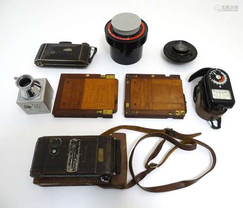 An assortment of early 20thC and later camera / photographic equipment, comprising a Zeiss Ikon