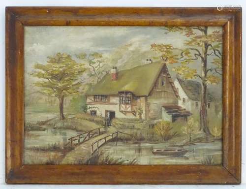 Grandchamp, XIX, French School, Oil on an 18thC tapestry, A thatched cottage in water meadows by a