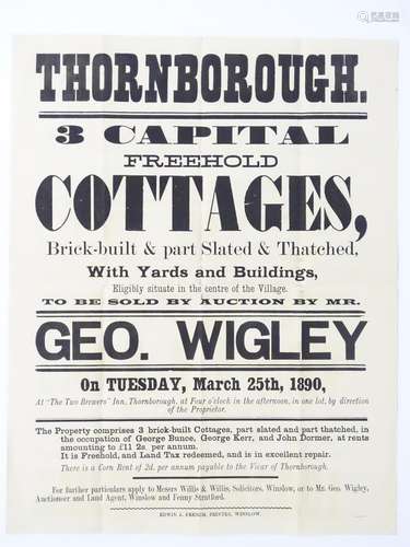 Buckinghamshire local interest : a Victorian auction poster, ' Thornborough , three cottages with