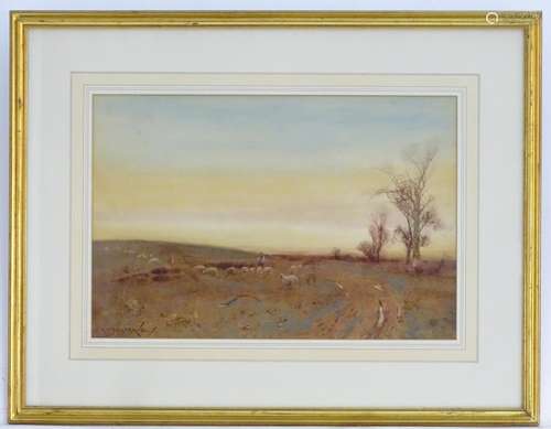 A. Haselgrave, XIX-XX, Watercolour, A country landscape with a farmer herding sheep through a field.