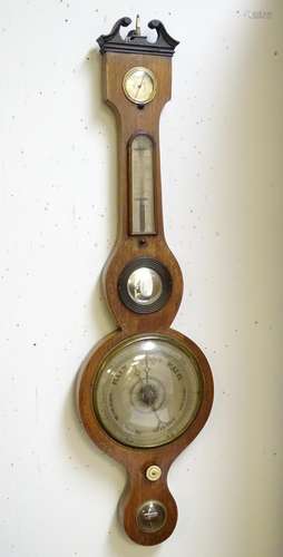 A late 18thC wheel barometer, the rosewood and pine case with painted foliate decoration, 38