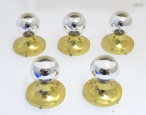 Vintage retro, mid-century: a set of five German wall lights, with brass fixtures, 5 1/2