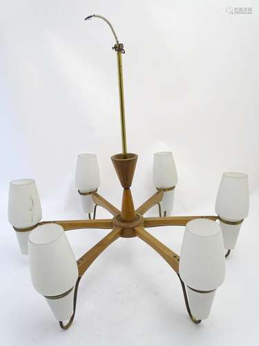 Vintage Retro, Mid-Century: a European walnut six branch electrolier, with brass fittings and opaque