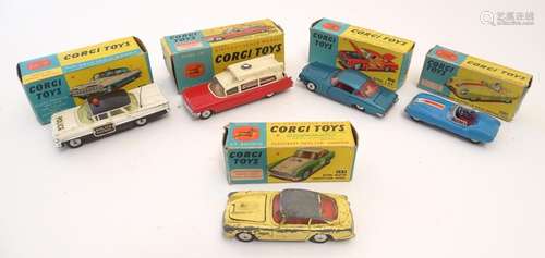 Toys: Five Corgi Toys die cast scale model cars, comprising Lotus Mark Eleven Le Mand Racing Car,