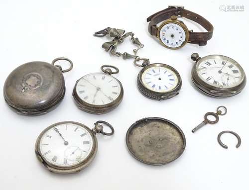 Assorted silver pocket watches together with a silver corsage watch hanger etc Please Note - we do