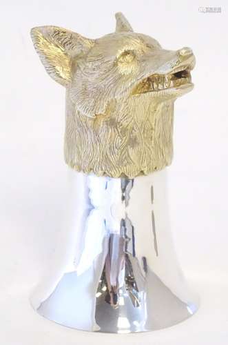 An Irish silver fox head stirrup cup, the fox head with gilt decoration. Hallmarked Dublin 1999