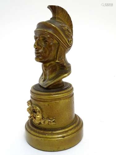 A late 19th / early 20thC bronze bust of a Roman soldier, on a cylindrical socle. Approx. 7 3/4