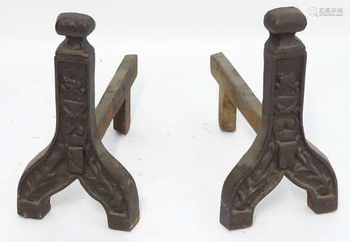 Garden & Architectural, Salvage: a pair of cast iron andirons, decorated with foliate detail, 17 1/