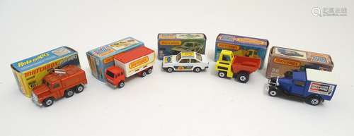 Toys: Five Lesney Matchbox die cast scale model vehicles comprising Mercedes Container Truck, no.