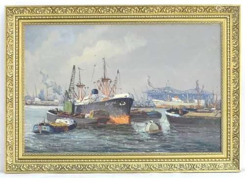 Indistinctly signed, XX, Ukrainian School, Oil on canvas, A busy dock scene with moored ships and