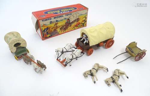 Toys: A Timpo Toys Covered Wagon with two horses and a cowboy, boxed. Together with Buffalo Bill's