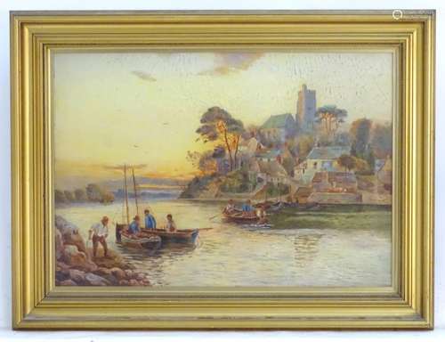 E. Crowther, XIX-XX, Oil on canvas, A river sunset scene with fishermen in boats unloading the