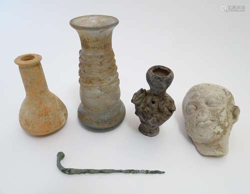 Five antiquities to include ceramic vases, vessels etc. together with glass vase. The tallest