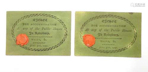 Local interest: two tokens, printed on green-washed card with wax seals, ' Ticket for