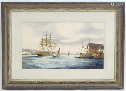 Ken Hammond, XX, Marine School, Watercolour, An estuary scene with clipper ships, sailing boats,