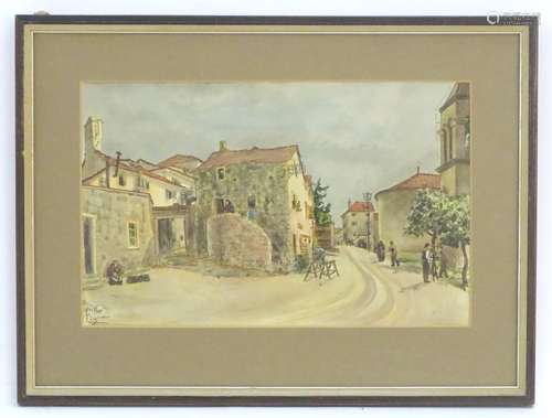 After Tomislav Krizman (1883-1955), Croatian School, Hand coloured print, Croatia street scene.