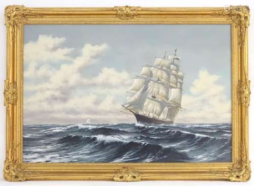 P Davis, XX, Marine School, Oil on canvas, Red Jacket at Sea, A clipper ship under full sale.