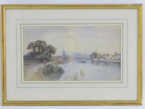 A. Allan, XX, English School, Watercolour, A view of Marlow from the river Thames with figures on