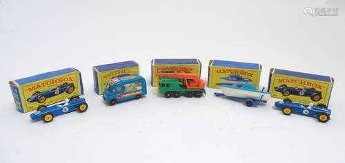 Toys: Five Lesney Matchbox Series die cast scale model vehicles, boats, trucks, cars etc. Comprising