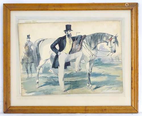 XIX, Watercolour, A Gentleman and his Horse, with a man on horseback behind. Titled under. In a