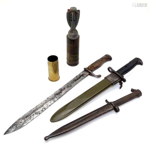 Militaria : an assortment of 20thC military memorabilia, comprising a WWI Imperial German bayonet by