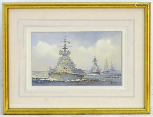 Ken W. Burton, XX, Marine School, Watercolour, HMS Howe and other warships at sea. Signed lower