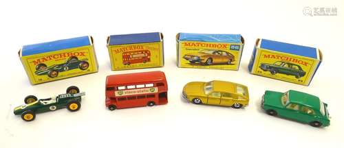 Toys: Four Lesney Matchbox Series die cast scale model vehicles comprising Lotus Racing Car, no. 19;