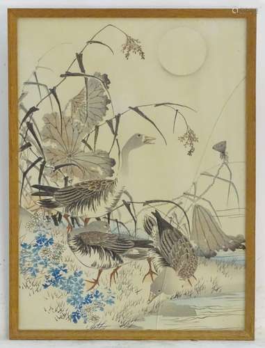 A 19thC Oriental hand coloured print depicting geese on the bank of a lake. Approx. 16 1/2