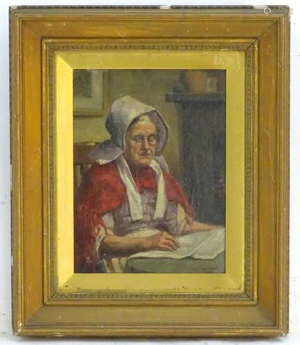 J. F. Jones, XIX, English School, Oil on canvas, A portrait of an old lady wearing a bonnet seated