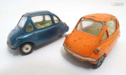 Toys: Two Corgi Toys die cast scale model Heinkel Economy Cars, model no. 233, one with orange body,