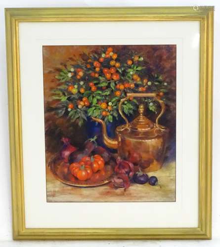 Maureen Jordan, XX-XXI, Pastels, A still life study with a copper kettle, flowers, aubergines and