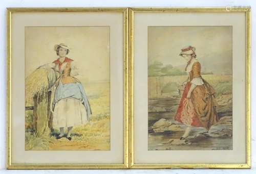 XIX, English School, A pair of watercolours, A portrait of a lady with a basket crossing a river