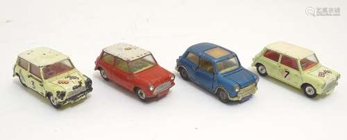 Toys: Four Corgi Toys die cast scale model cars comprising BMC Mini Cooper S with a blue body and