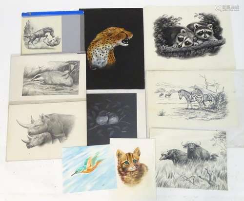 A folio of pastel, ink, pencil and coloured pencil works depicting animals by Pat Milne, XX, to