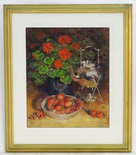 Maureen Jordan, XX-XXI, Pastels, A still life study with a silver kettle, flowers, strawberries