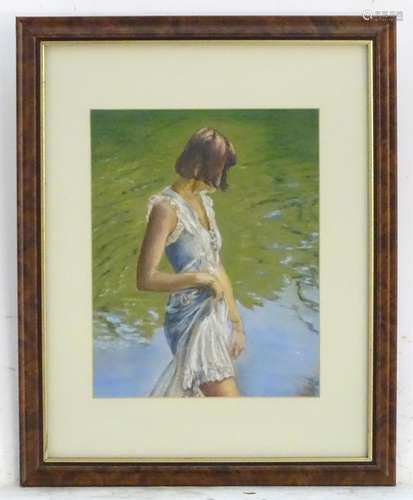 Audrey Stevenson, XX, Pastel, Summer Day, A young girl in a white dress paddling in a lake. Ascribed