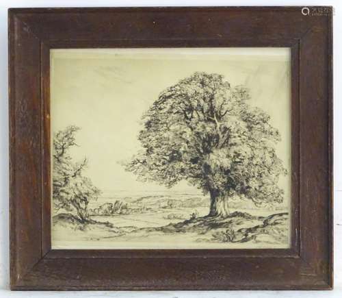 William Palmer Robins (1882-1959), English School, Etching, A landscape scene with figures under