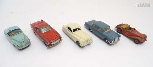 Toys: Five Dinky Toys die cast scale model cars comprising M. G. Midget, no. 108; Sunbeam Alpine,