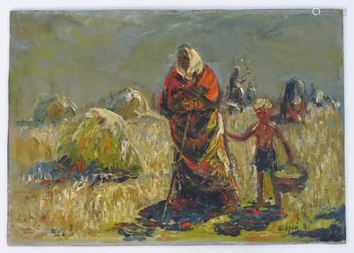 Anatoly Shariy, XX, Ukrainian School, Oil on board, Harvest, Figures harvesting crops in a field.