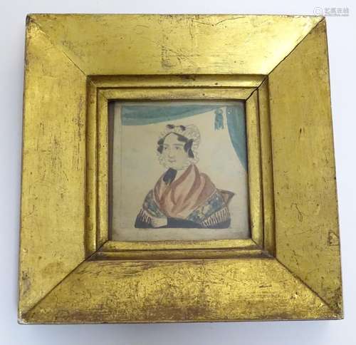 A 19thC hand painted naive watercolour portrait miniature depicting a seated woman wearing a