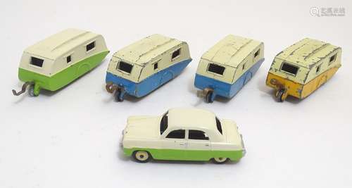 Toys: Five Dinky Toys die cast scale model vehicles comprising four Caravans, no. 190, two with blue