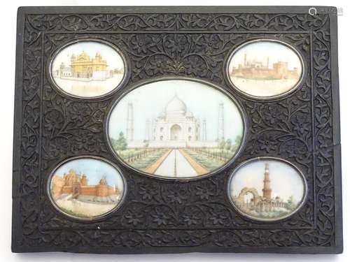 Five late 19th / early 20thC Indian architectural miniatures mounted together within a carved wooden