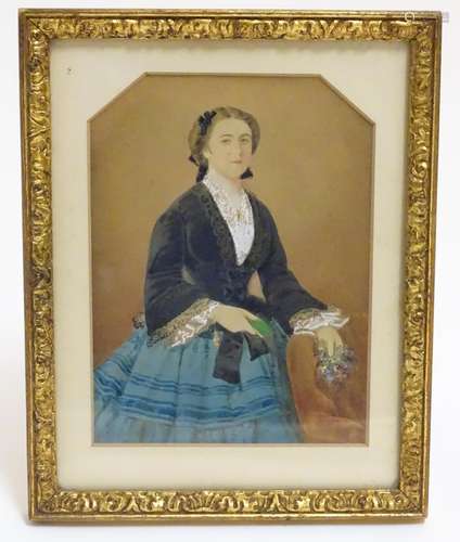 A Victorian watercolour depicting a portrait of a blue eyed young lady with a small bunch of