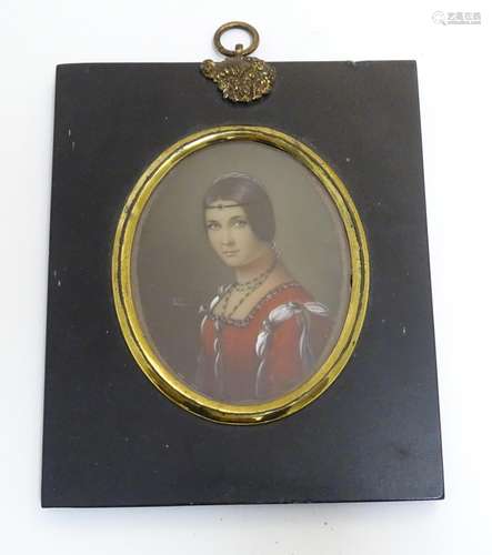 An early 20thC watercolour portrait miniature depicting a portrait of a lady, La Belle Ferronniere