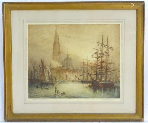 Indistinctly Signed, XX, Coloured print, Early Morning in Antwerp, A harbour scene at sunrise.