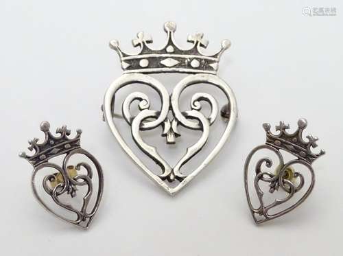 Iona silver - Scotland : A pair of Iona silver Luckenbooth earrings and brooch By John Hart. The