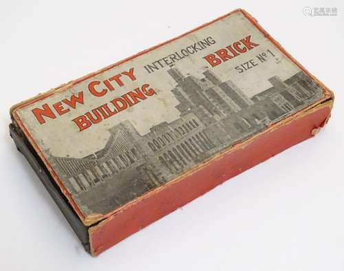 Toy: An early 20thC boxed wooden building blocks game, New City Interlocking Building Bricks, no