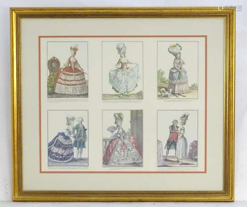 Six 20thC reproduction prints of 18thC French fashion plates framed together. To include Marie