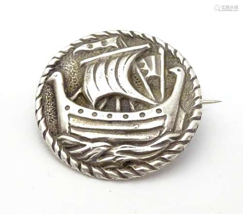 A Scottish silver brooch with Iona style Viking boat decoration to centre hallmarked Glasgow 1950