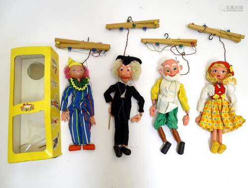 Toys: Four marionette Pelham Puppets, comprising a graduate professor, a country girl, an old man